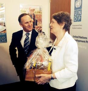 Key delivers basket of "Kiwi goodies" to Helen Clark at UN